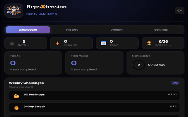RepsXtension — Chrome Web Store listing showing exercise nudges.