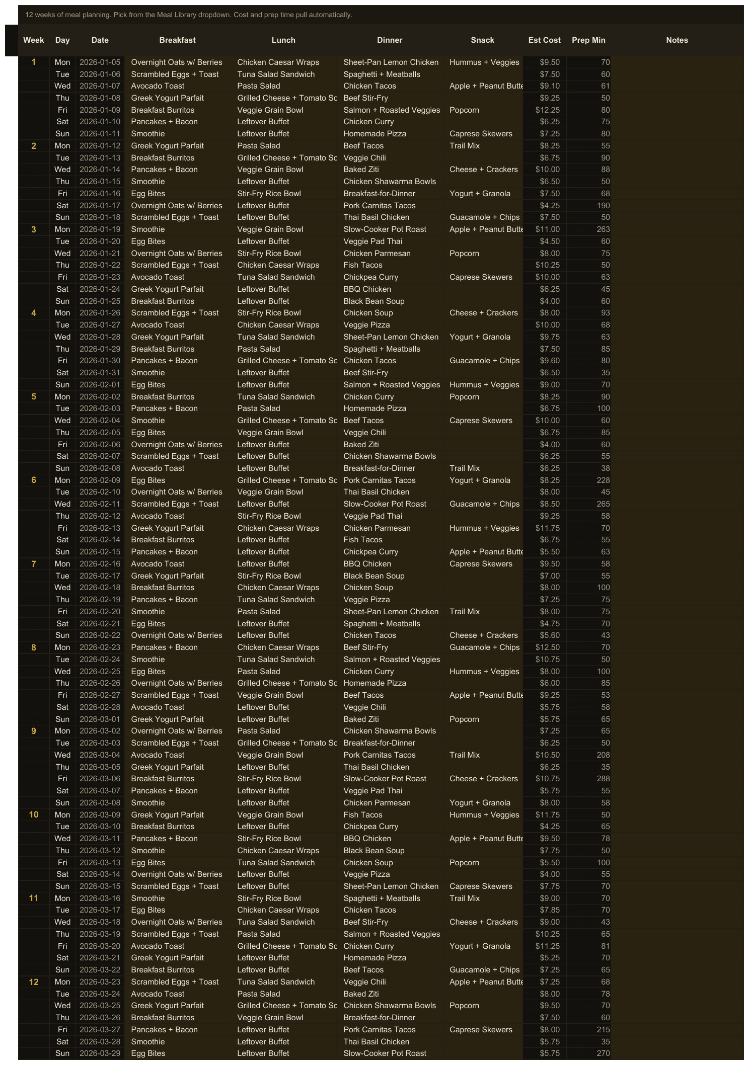 Meal Planner + Grocery — sheet 1