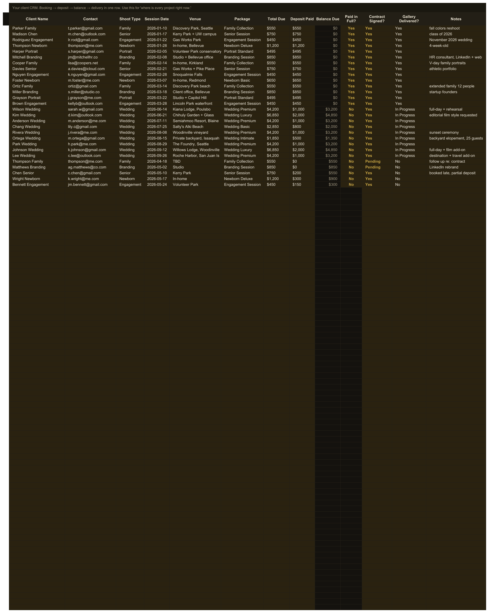 Photographer Bookkeeping — sheet 1