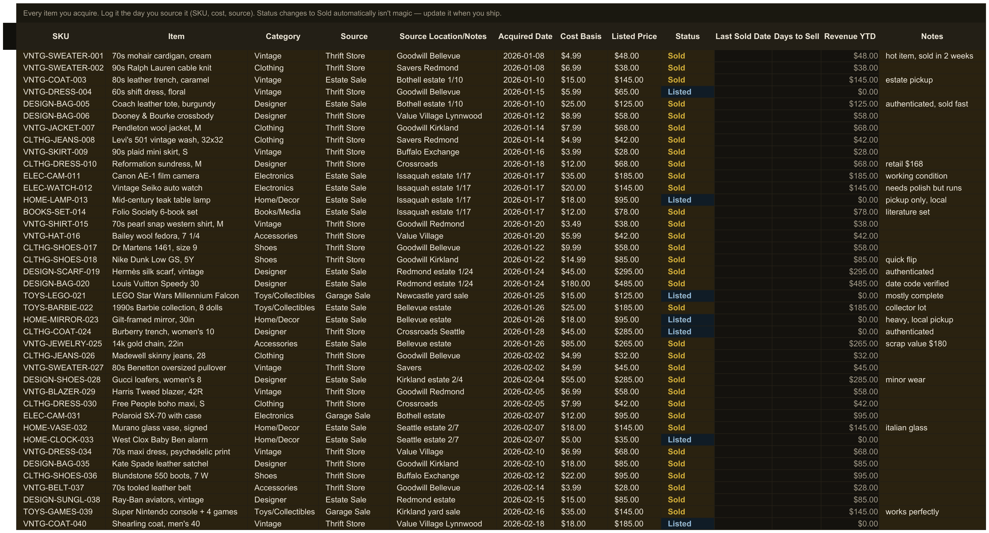 Reseller Bookkeeping — sheet 1